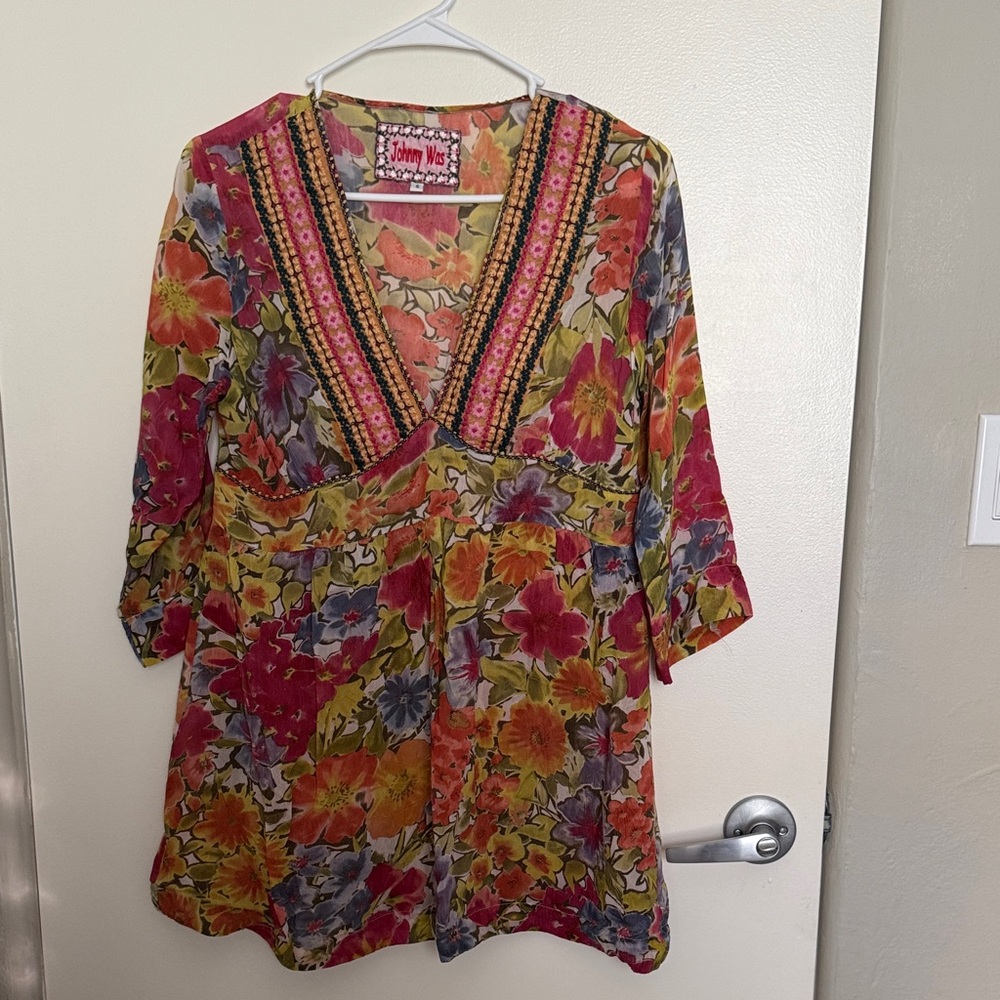 Johnny Was Multicolor Floral V-Neck Tunic with Embroidered Trim